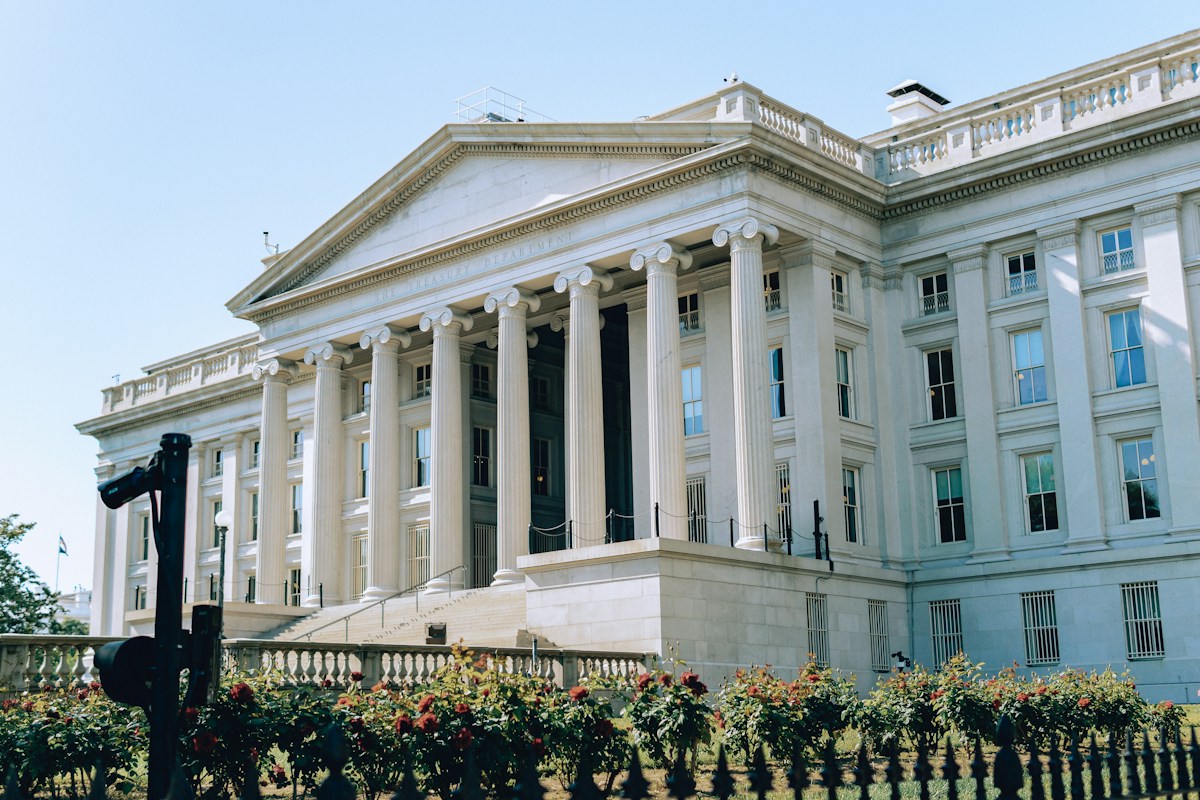 Columns and front steps of the U.S. Treasury building in Washington, D.C.